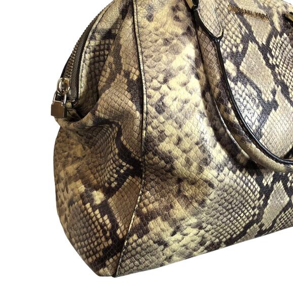 Michael Kors Riley Black Tan Beige Python Embossed Leather Satchel Crossbody - Picture 7 of 16